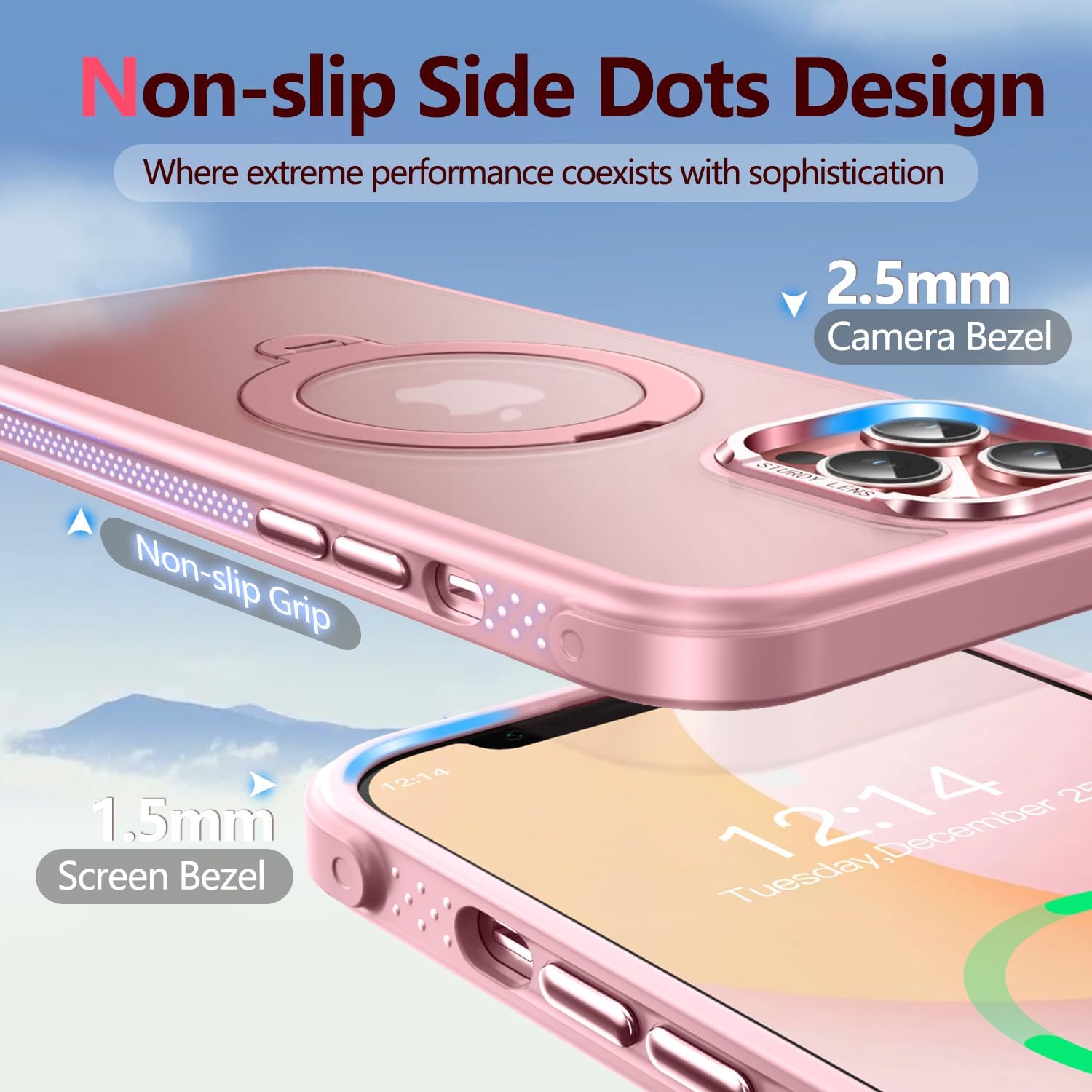 O3 Mag-Stand Designed for iPhone 12/12 Pro Case with 360°Spin Stand, [Compatible with mag Safe][Super Skin Feeling] Translucent Matte Magnetic Slim Phone Case 6.1 inch, Matte Pink