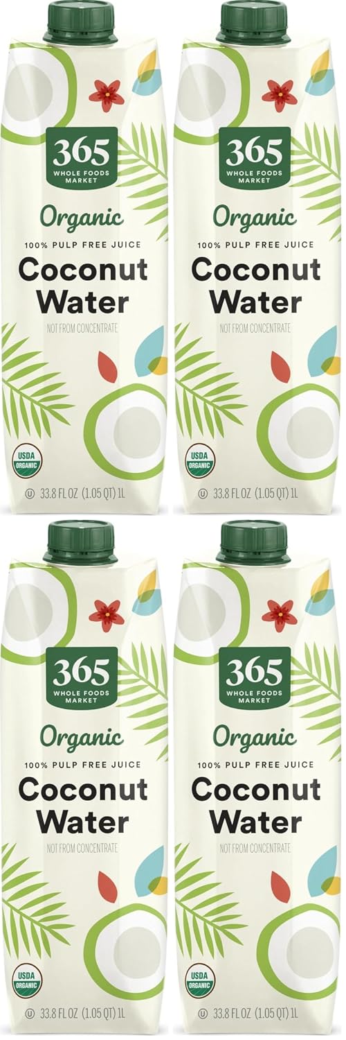 365 by Whole Foods Market, Organic Coconut Water, 100% Pulp-Free Juice, 33.8 Fl Oz (Pack of 4)