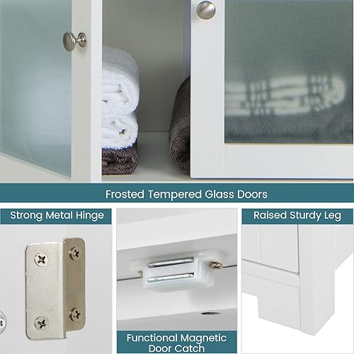 Miniatura 6 de LOKO Armario de baño alto armario de almacenamiento de lino con puertas y estantes abiertos armario de piso de madera con estantes ajustables para