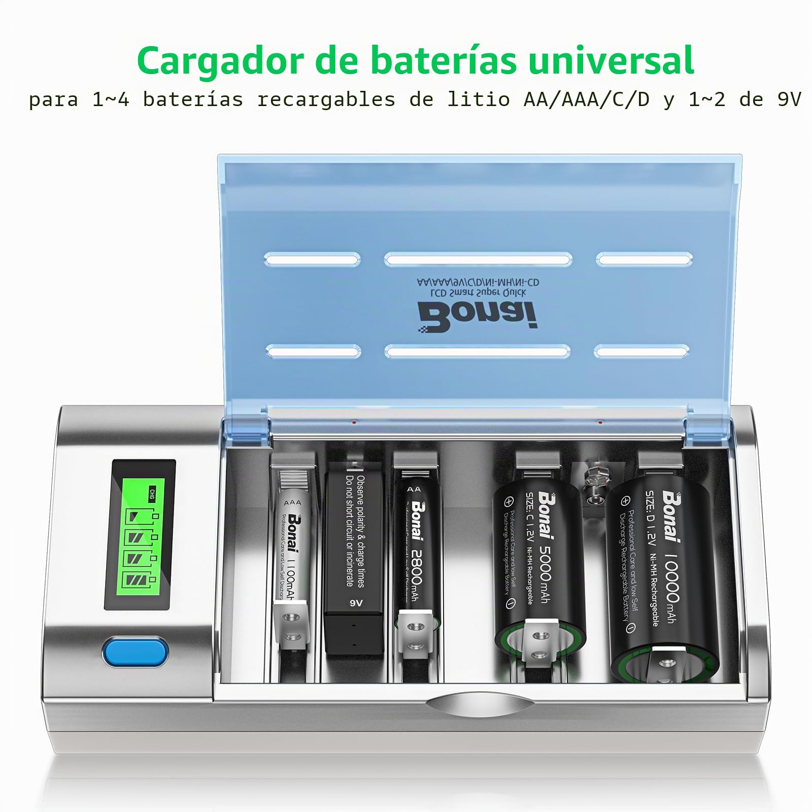 BONAI Cargador de Pilas Rápido, Cargador Pilas Recargables Universal para AA/AAA/SC/C/D/9V NI-MH Batería Recargable, Cargador de Batería Inteligente con Pantalla LCD y Función de Descarga