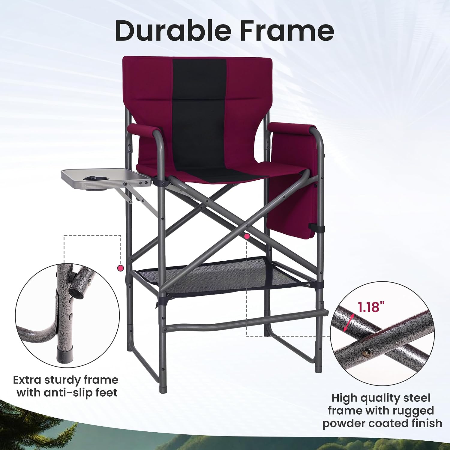 Tall Directors Chair 30" Seat Height, Bar Height Folding Chair with Side Table, Foldable Camping Chair with Side Pocket for Makeup Artist, Sports Event, Supports 400LBS - Red