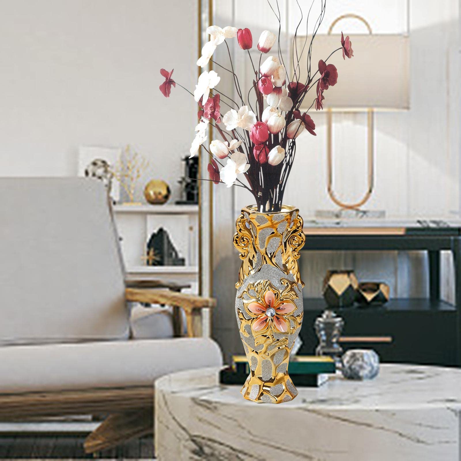 Keramikvase Europäischer Stil Blumenvasen Deko Ornament Tischdeko Goldene Muster Eleganz Aus für Hochzeit Geschenk Wohnzimmer Büro Café Bar Re, StilA