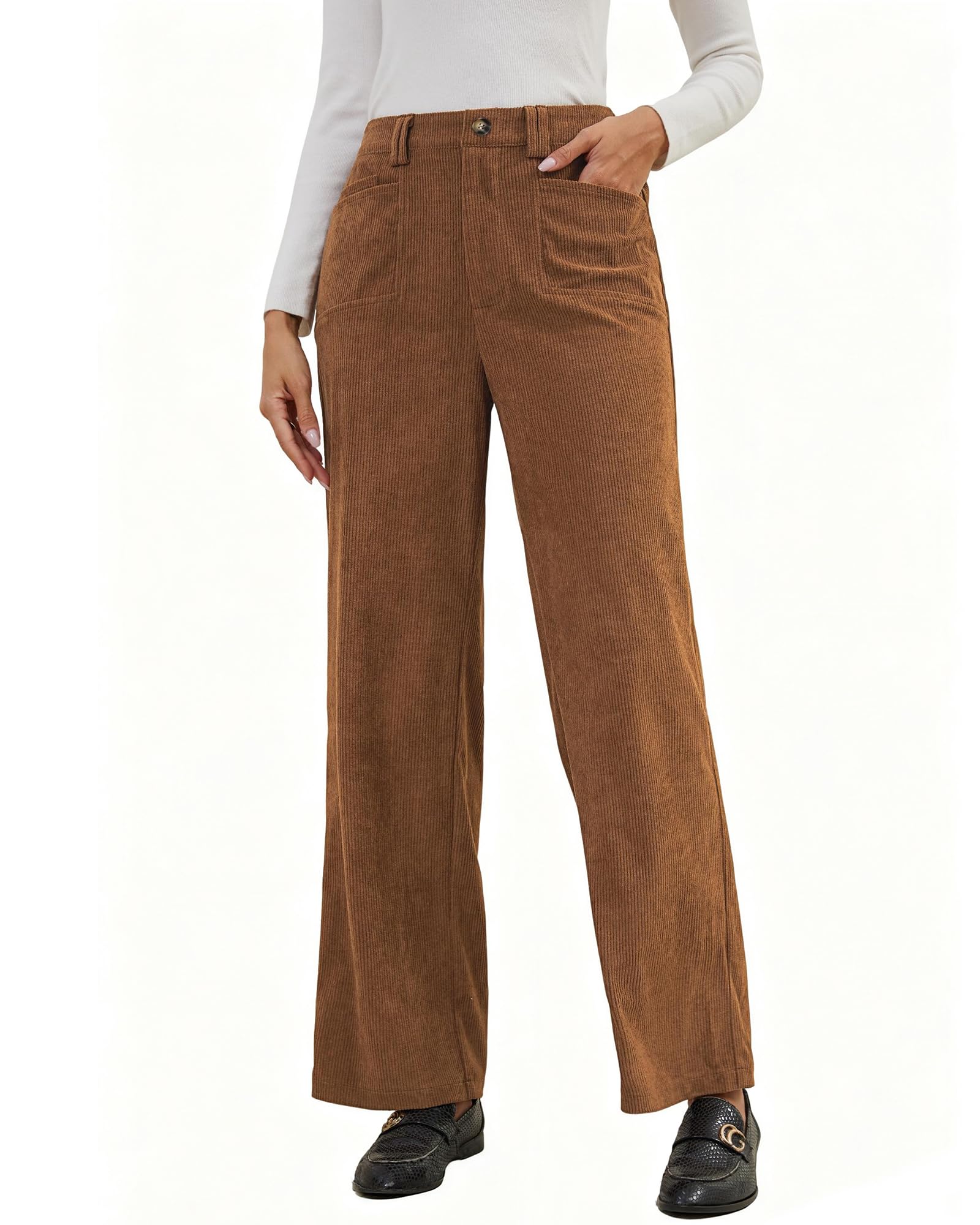 Eddoyee Stretch Corduroy Pants Women Wide Leg Straight High Waisted Fall Casual Pants 2025 Cropped Trousers Brown Small