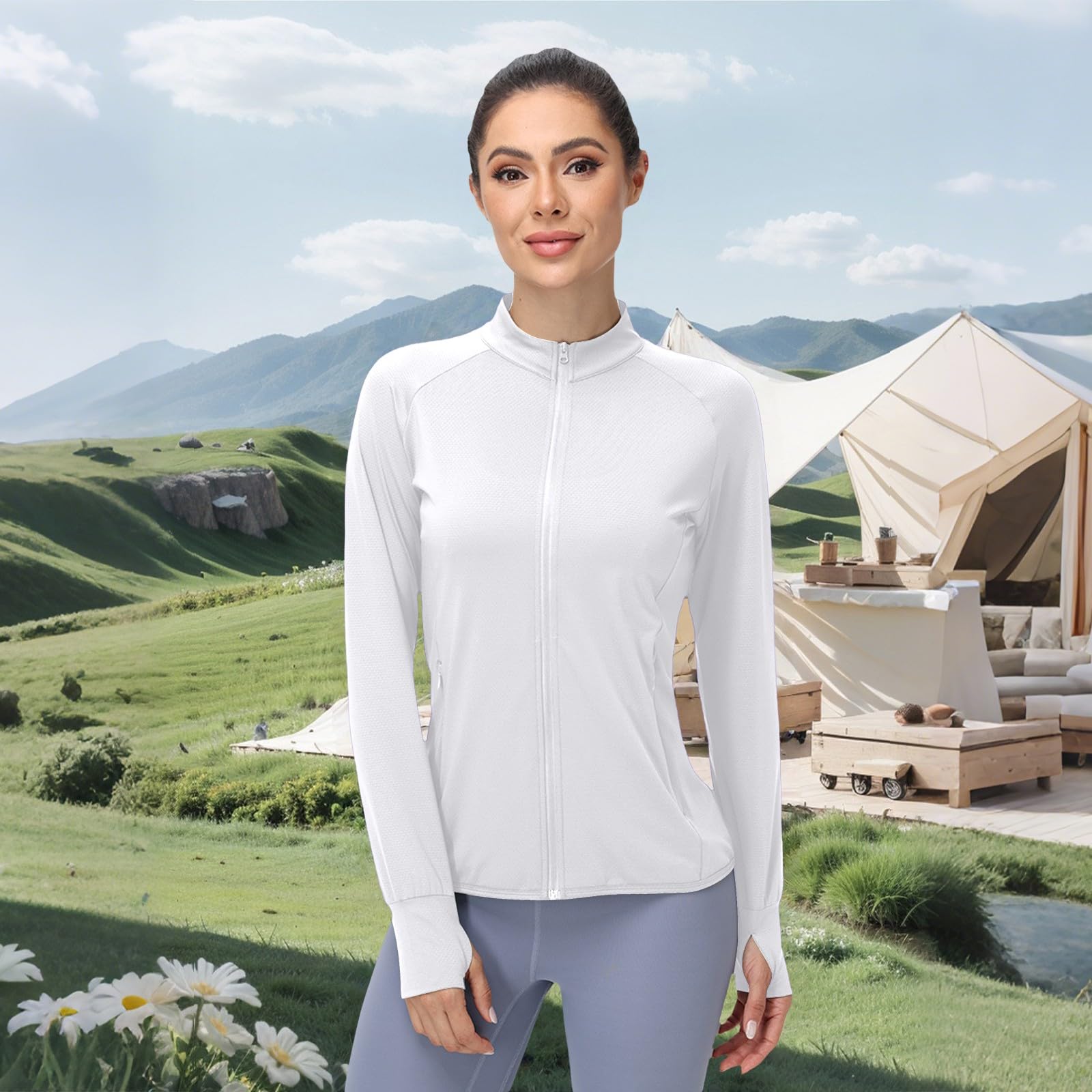 Giacca di protezione solare da donna con zip integrale UPF 50+ camicia di protezione solare UV abbigliamento leggero a maniche lunghe con fori per i pollici