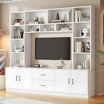 Modern TV Stand with Bookshelves, Entertainment Center with Cabinets & Storage Drawers, Fits up to 85-Inch TVs, Multifunctional Wall Unit for Living Room & Home Theater White 78.7"