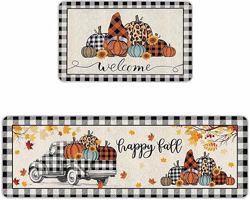 Juego de 2 alfombras de cocina de otoño, diseño de calabaza y hojas de arce en blanco y negro, alfombra antideslizante para pasillo, alfombra