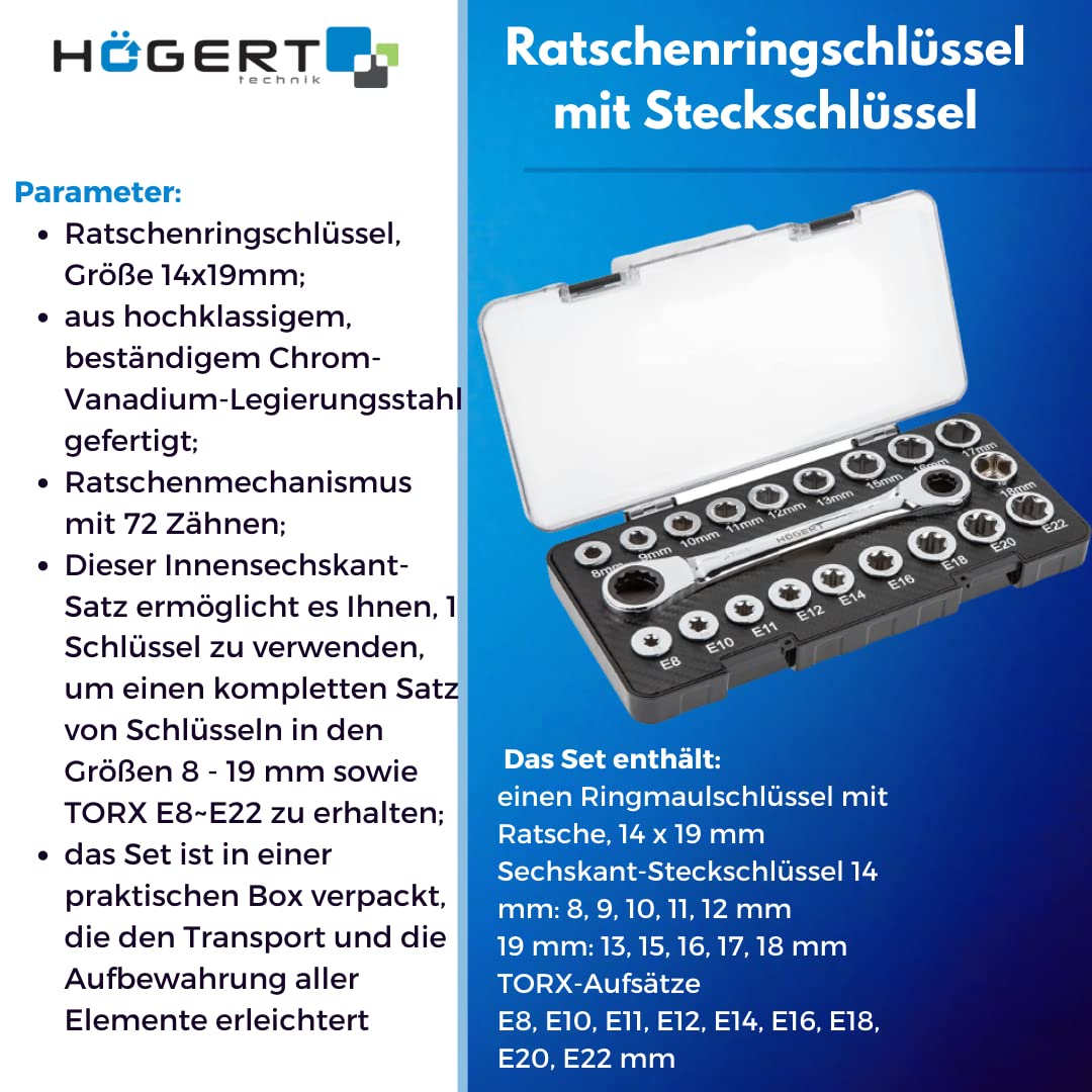 Högert Technik -Werkzeugsatz - Ratschenringschlüssel mit Steckschlüssel aus Chrom-Vanadium Legierungsstahl gefertigt - Ringmaulschlüssel mit Ratsche, Sechskant-Steckschlüssel, TORX-Aufsätze