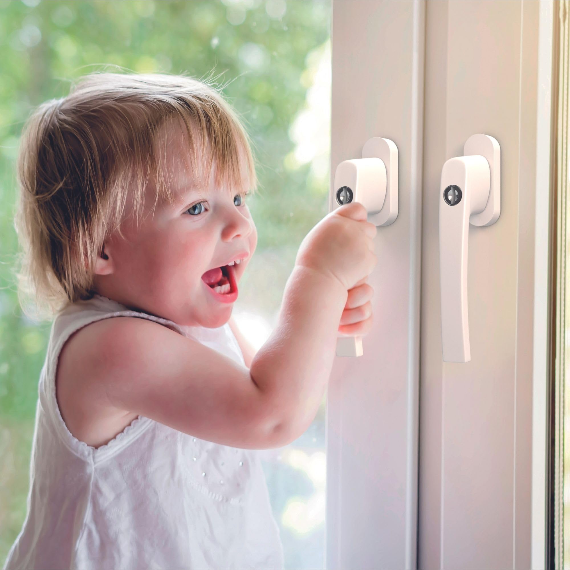 BASI Set di 20 maniglie per finestre con serratura, chiusura simultanea, colore bianco, alluminio, sicurezza per bambini, lunghezza perno 35 mm, maniglia per porta della terrazza, 20 pezzi, 40 chiavi