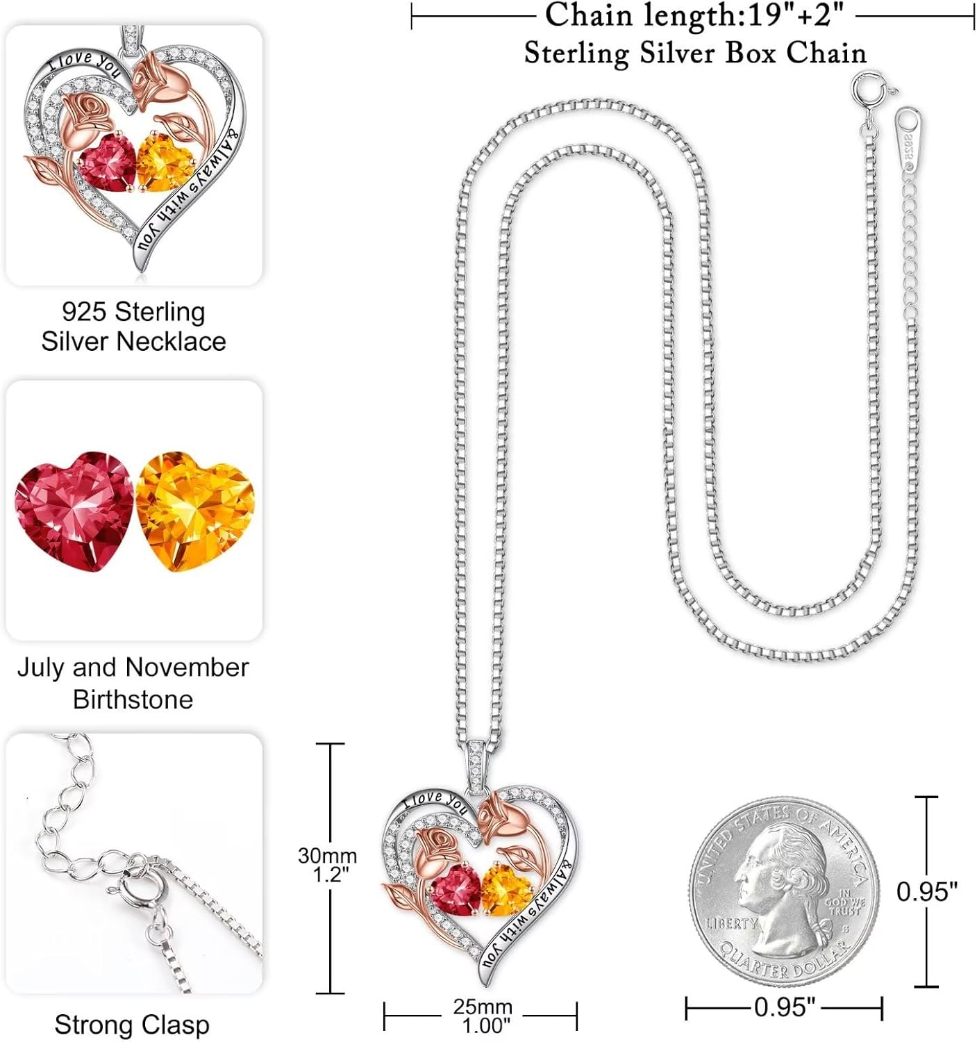 Iefil Rose Heart Necklace for Women - 925 Sterling Silver Rose Heart Birthstone Necklace Birthday Anniversary Jewelry Gifts for Her Wife Mom Daughter - Image 3