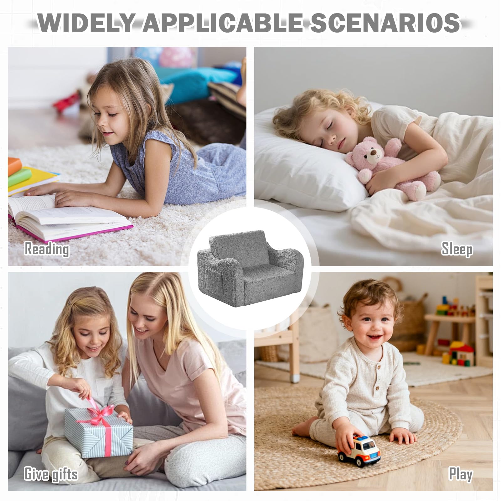 MeYuxg 3 en 1 Sofa Infantil, Sillon Bebe para Niños y Niñas, Sillón Convertible y Cama Plegable, Mini Sofá, Regalo del Niño y Cumpleaños, Gris
