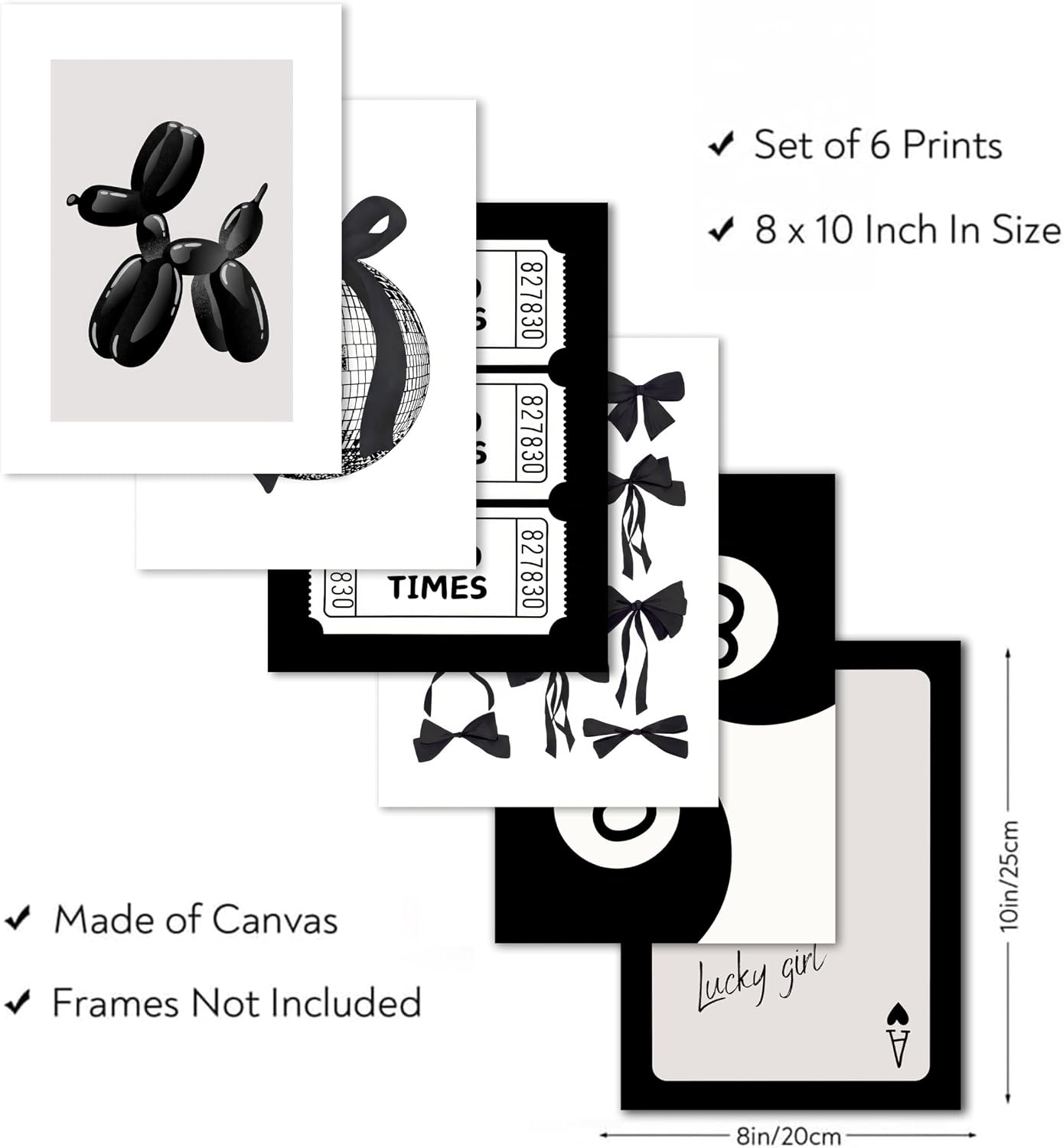 6Pcs Black and White Preppy Wall Art,Trendy Girl Room Art Painting,Lucky Coquette Girl Canvas Poster Print,College Dorm Artwork Picture Wall Decor for Bedroom Apartment 8x10in Unframed
