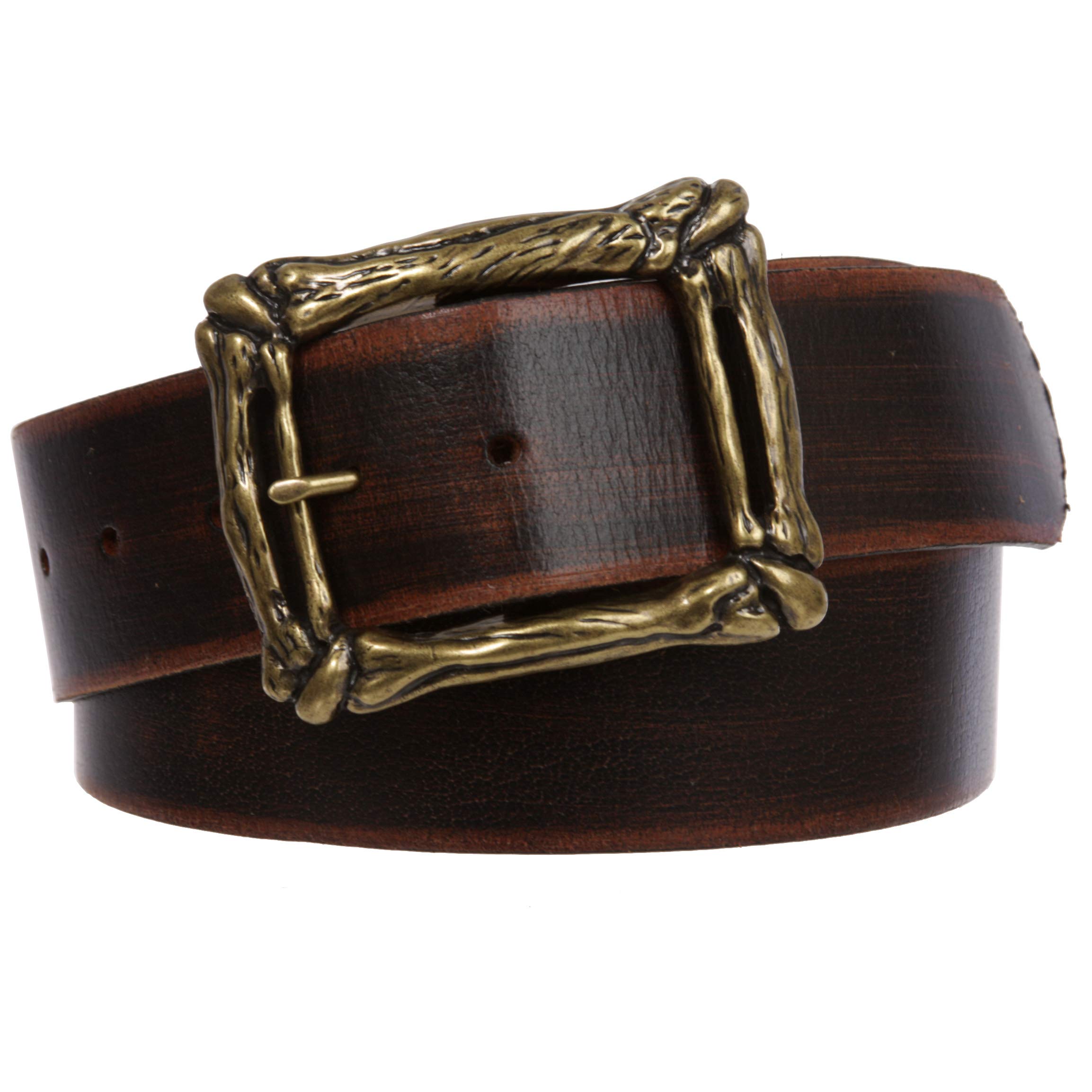 Western Vintage Retro Distressed Solid Leather Belt with Curved Bone Buckle, Black | S - 32