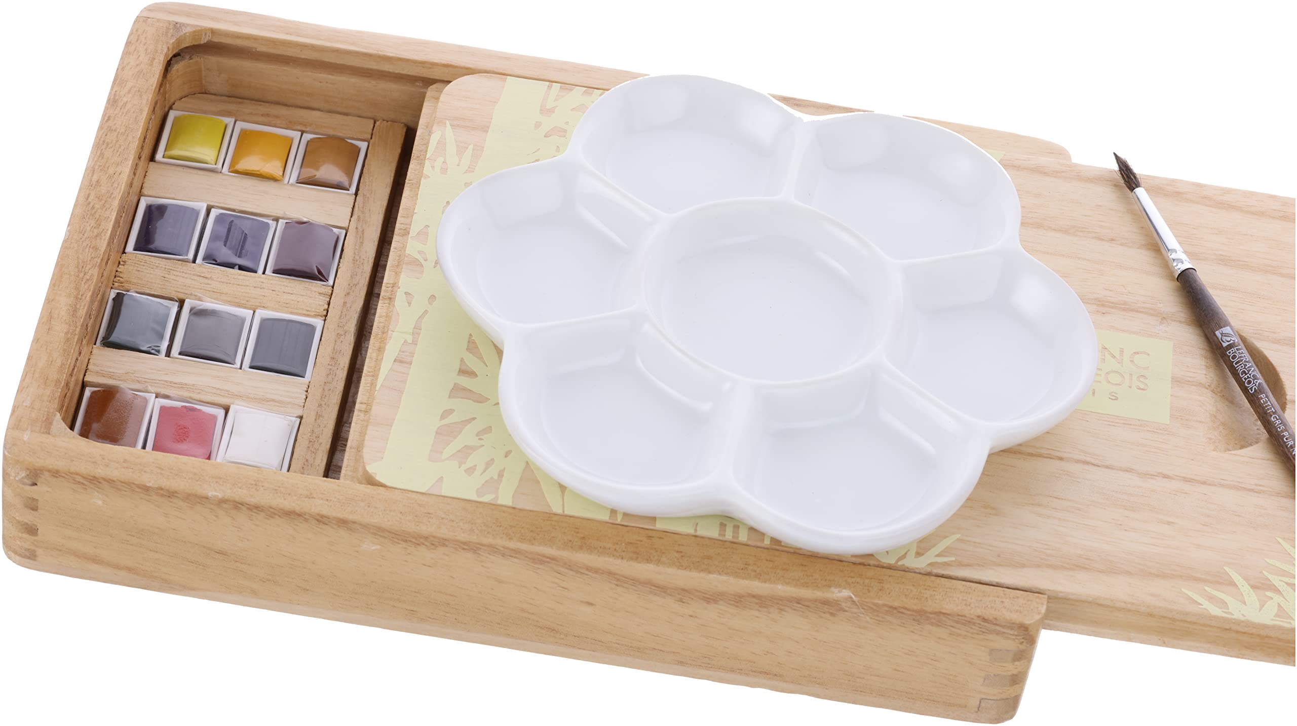 Lefranc & Bourgeois feine Wasserfarben " Fine ", Aquarell Set, Bambuskasten Natura - 12 Farben in 1/2 Näpfen & Palette