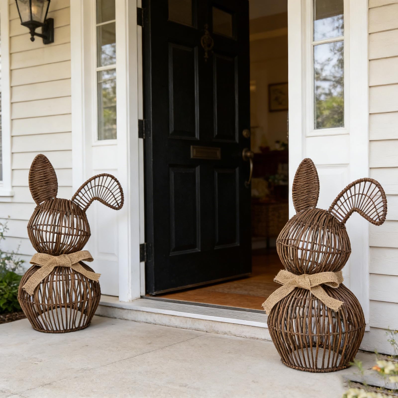 Rattan-Hase mit Schleife, rustikale Osterdekoration, Bauernhaus-Hasen-Osterdekoration, Frühlingshasen-Dekoration für rustikales Bauernhaus, Außenbereich, Haus, Veranda, Eingang, Hof, Rasen (2 Stück)