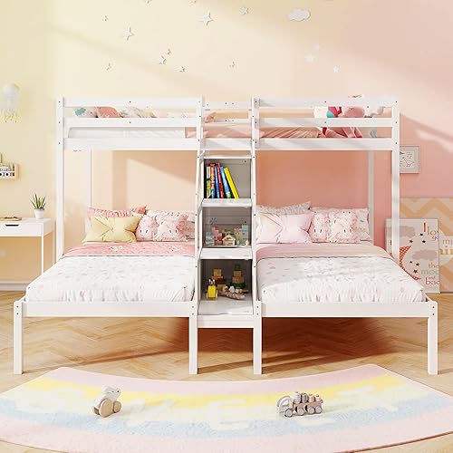Giantex Twin Over Twin & Twin Bunk Bed, Triple Bunk Beds with 4-Step Storage Stair, Guardrail & Solid Wood Structure, Wooden 3 Bunk Beds for Kids Teens, No Box Spring Needed, White