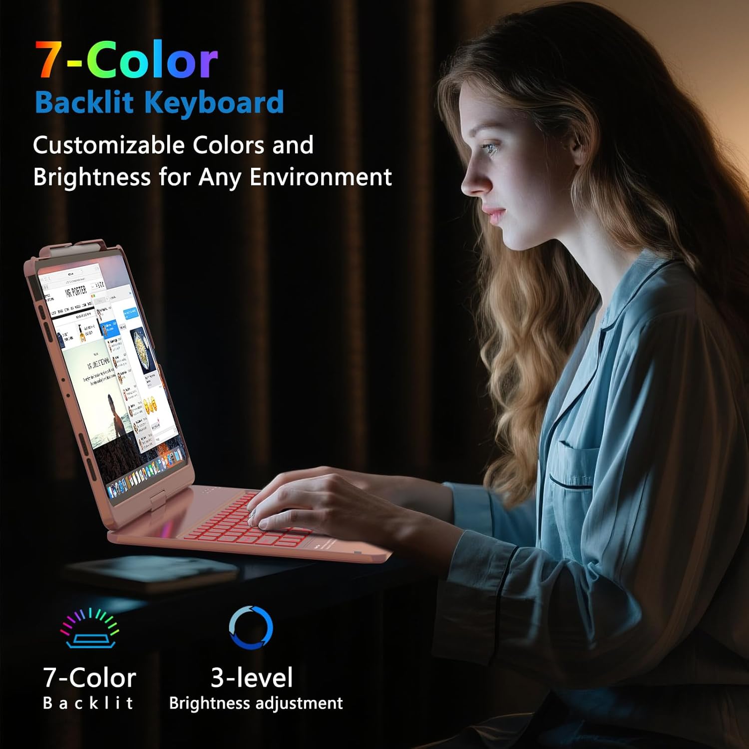 TQQ iPad Air 13 Inch Case Keyboard (M3 2025 / M2 2024), iPad Pro 12.9 (6th, 5th, 4th, 3rd Gen) Keyboard - 360° Rotatable, 7-Color Backlight, Multi-Touch Trackpad, Thin & Light (Pink)