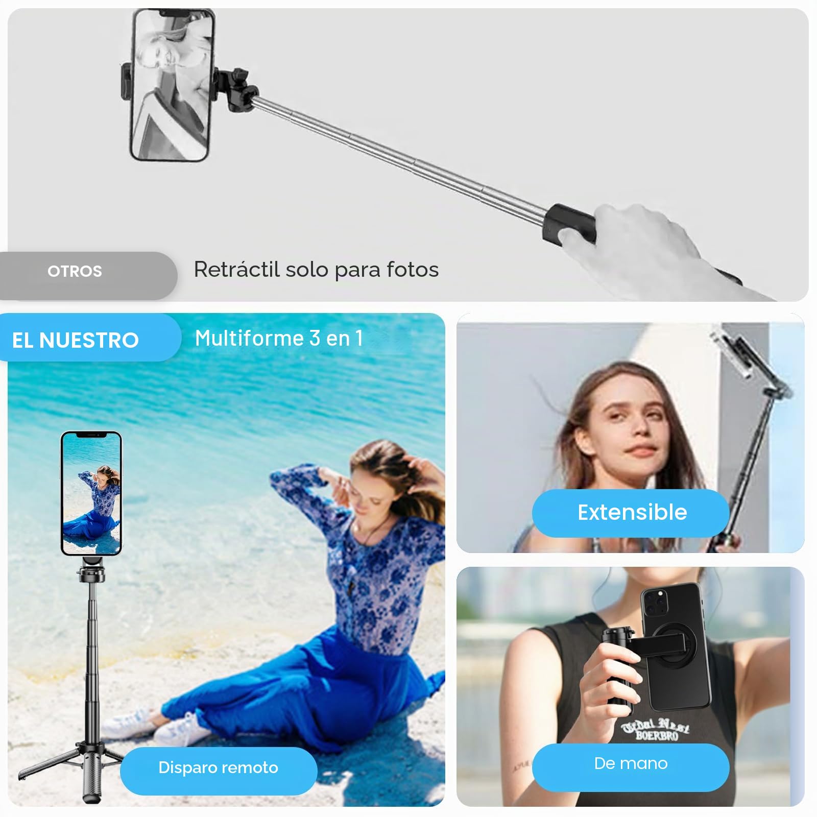 Palo selfie multifunción 4 en 1 con rotación de 360°, palo selfie magnético, mini trípode para cámara con mando a distancia inalámbrico, soporte para teléfono móvil para iPhone Android