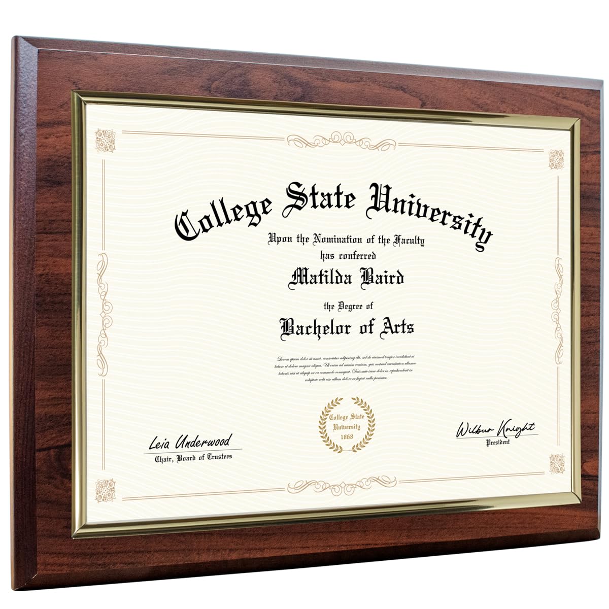 Photo 1 of 10.5 x 13" Certificate Display Plaque - Offered in Coated Cherry Wood with an 8.5 x 11" Gold Frame - Slide in your Diploma, Award Certificate, Award of Achievement, Class Photo, and More