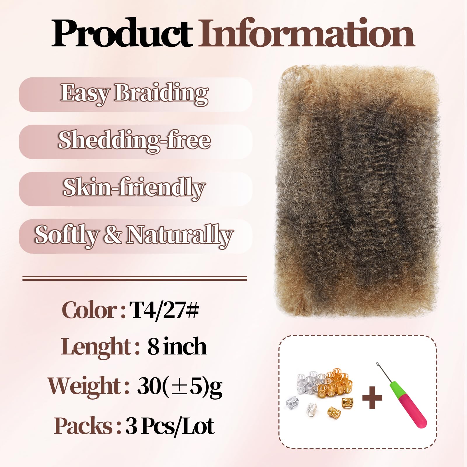 XIIMENALU Afro Kinky Curly Braiding Bulk Hair For Mini Twists Afro Kinkys Bulk Synthetic Cuban Twist Hair Soft Locs Micro Spring Twist For Dreadlocks Loc Repair (T4/27 - Image 2