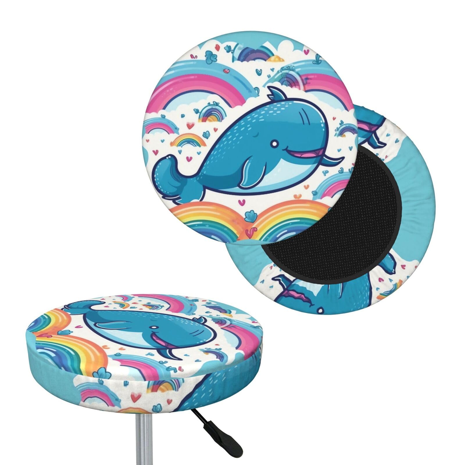 NONHAI Cartoon Whale and Rainbow Bar Stool Cover Round Elastic Stool Cushion Covers Dustproof Bar Chair Cover Washable Stool Cushion Slipcover Stretch Stool Seat Covers for 12-14 Inch Chair