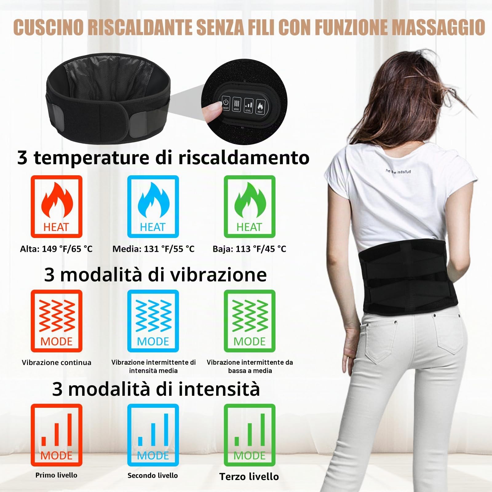 Cintura termica massaggiante per schiena con batteria 10000 mAh, cinghia regolabile fino a 150 cm, 3 modalità e 3 intensità, con timer