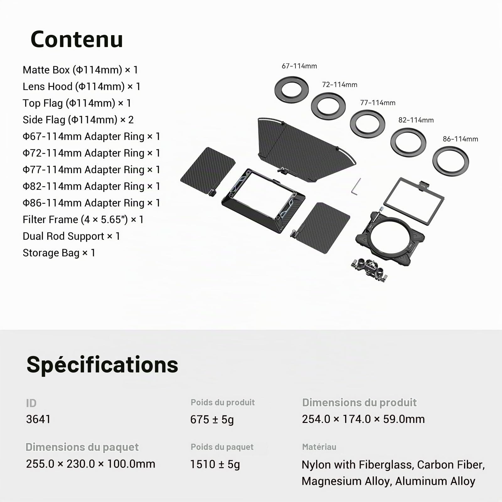 SMALLRIG Matte Box Kit de Base Modulaire Multifonctionnel (Φ114mm) pour Appareils Photo sans Miroir et Objectif Cine avec Support d'Objectif de Cadre de Filtre - 3641