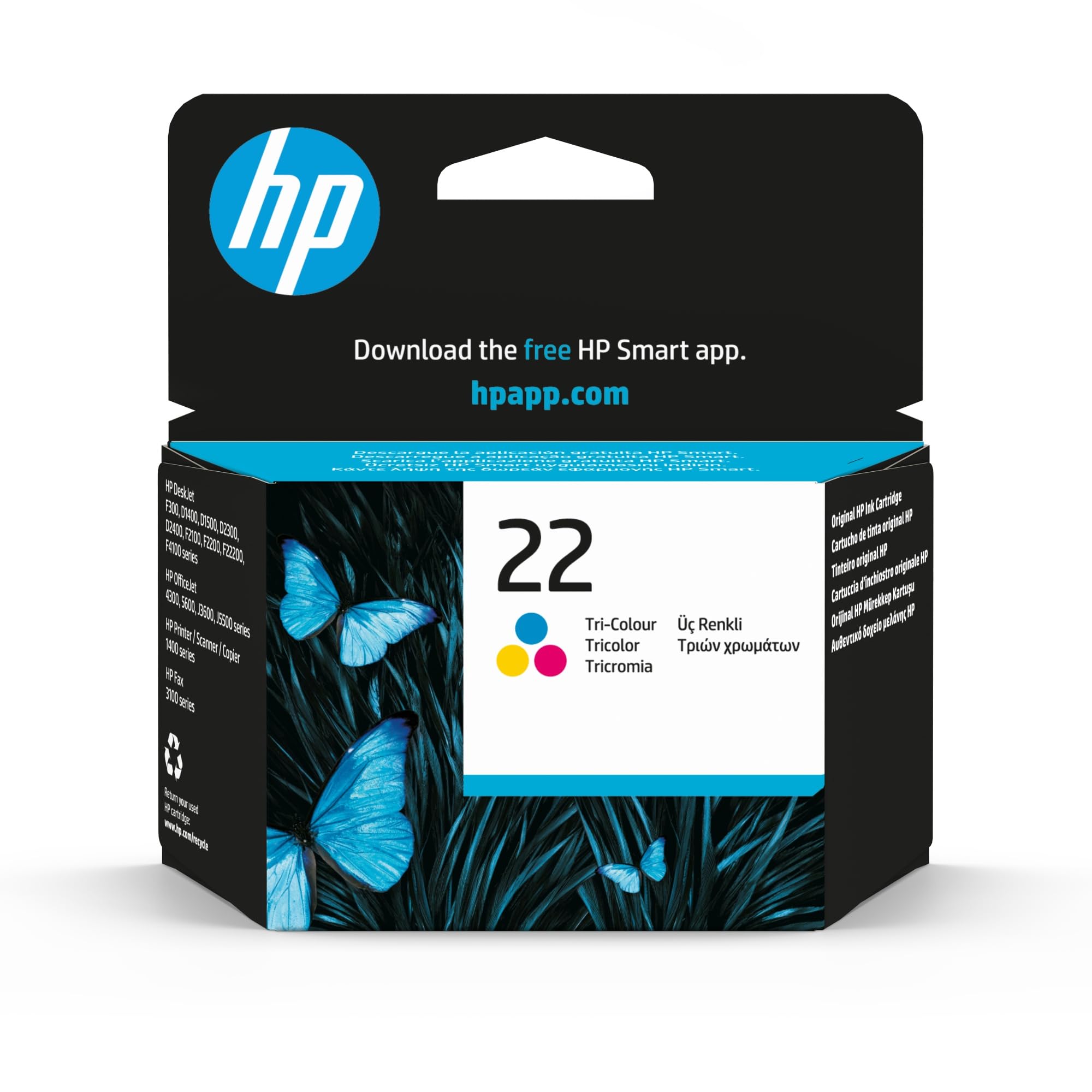 HP 22 Tricolor, Cartucho de Tinta Original | Compatible con HP DeskJet D1530, D1560, D2360, D2460, F2180, F380, F4180, OfficeJet 4315, 165 páginas (C9352AE)