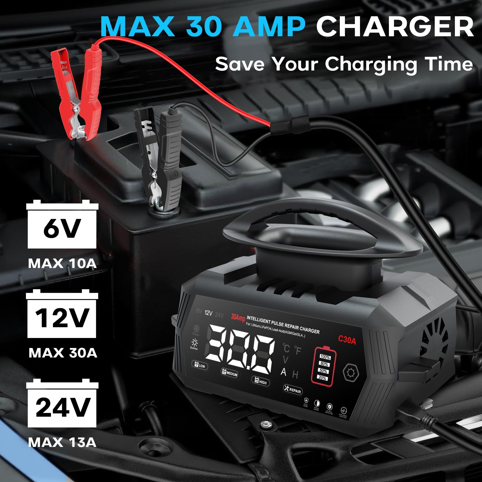 HTRC Ładowarka do akumulatora samochodowego 30 A, 6 V/12 V/24 V, LiFePO4, ładowarka do samochodów ciężarowych, motocykli, kosiarek, łodzi, akumulatorów morskich, ładowarka do akumulatorów LiFePO4