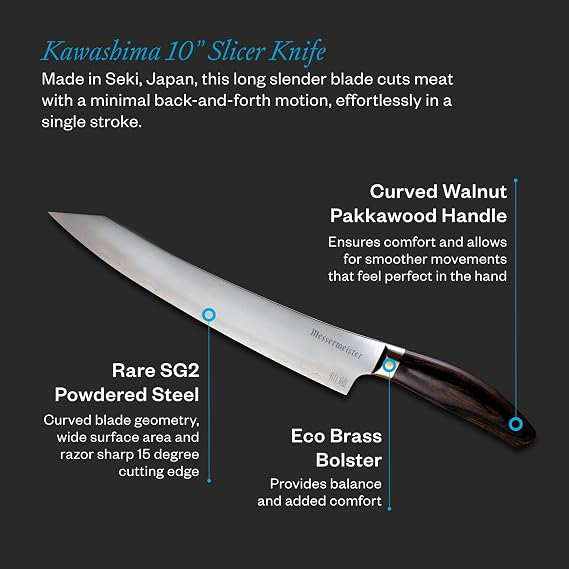Messermeister Kawashima 10 Slicer Knife - SG2 Powdered Steel, Eco-Brass Bolster & Walnut Pakkawood Handle - Made in Seki, Japan