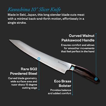 Messermeister Kawashima 10 Slicer Knife - SG2 Powdered Steel, Eco-Brass Bolster & Walnut Pakkawood Handle - Made in Seki, Japan