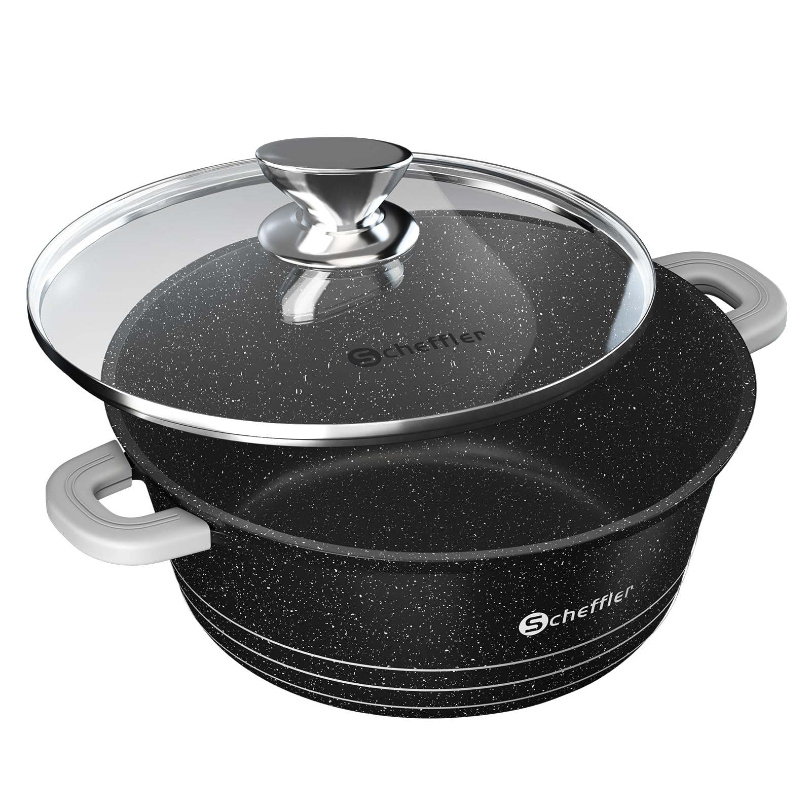 Topf Scheffler Kochtopf mit Glasdeckel, Schmortopf mit Antihaftbeschichtung, Bratentopf Induktion, Aluguss,2 Silikon Griffschutz, Spülmaschinengeeignet, für alle Herdarten Schwarz (20cm)