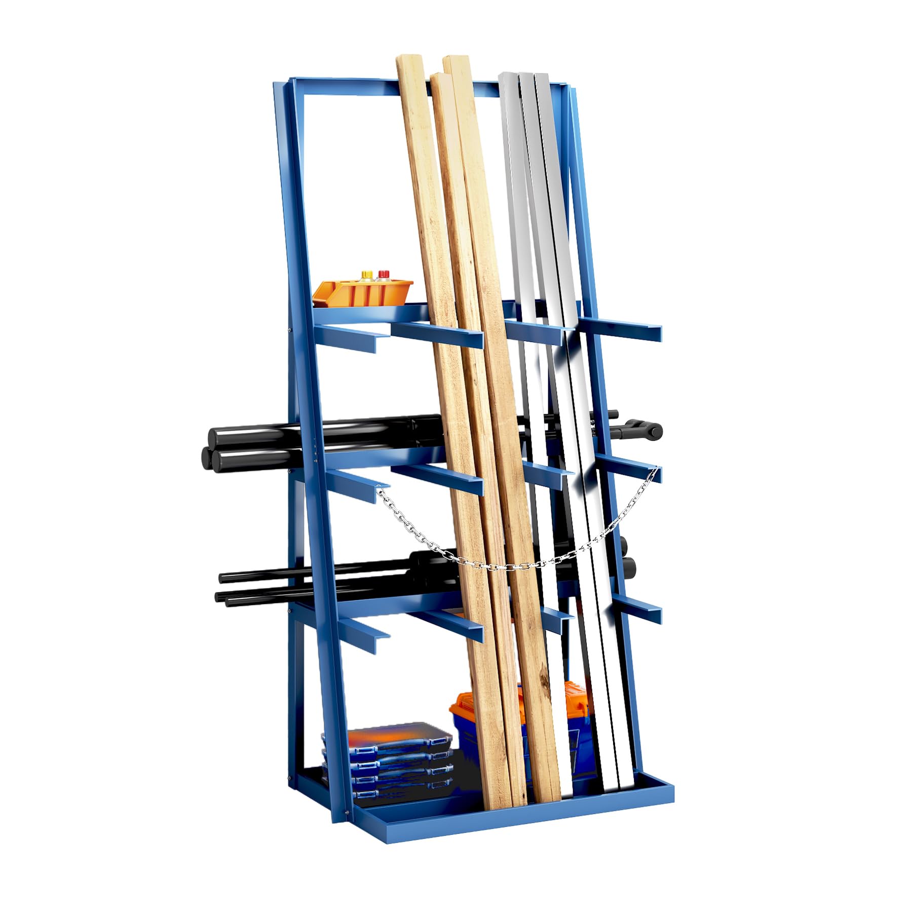 Vertical Bar Rack, 3000 Lb Capacity, Heavy Duty Pipe and Lumber Storage Rack, Freestanding Bar Storage Shelf with Safety Chains, Steel Long Parts Organizer Shelf, 39" D x 24" W x 84" H, Blue