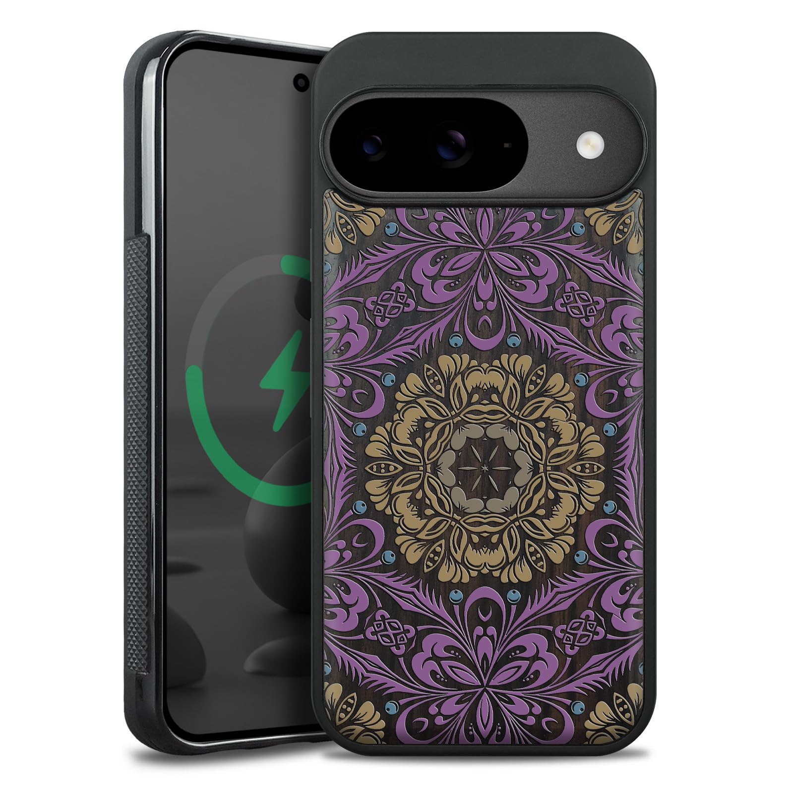 - Magnetic for Google Pixel 9 / Pixel 9 Pro Case Compatible with MagSafe Wireless Charging, Natural Wood Cover & Shockproof TPU Phone Case, Hand-Drawn Pattern - Mandala Bloom