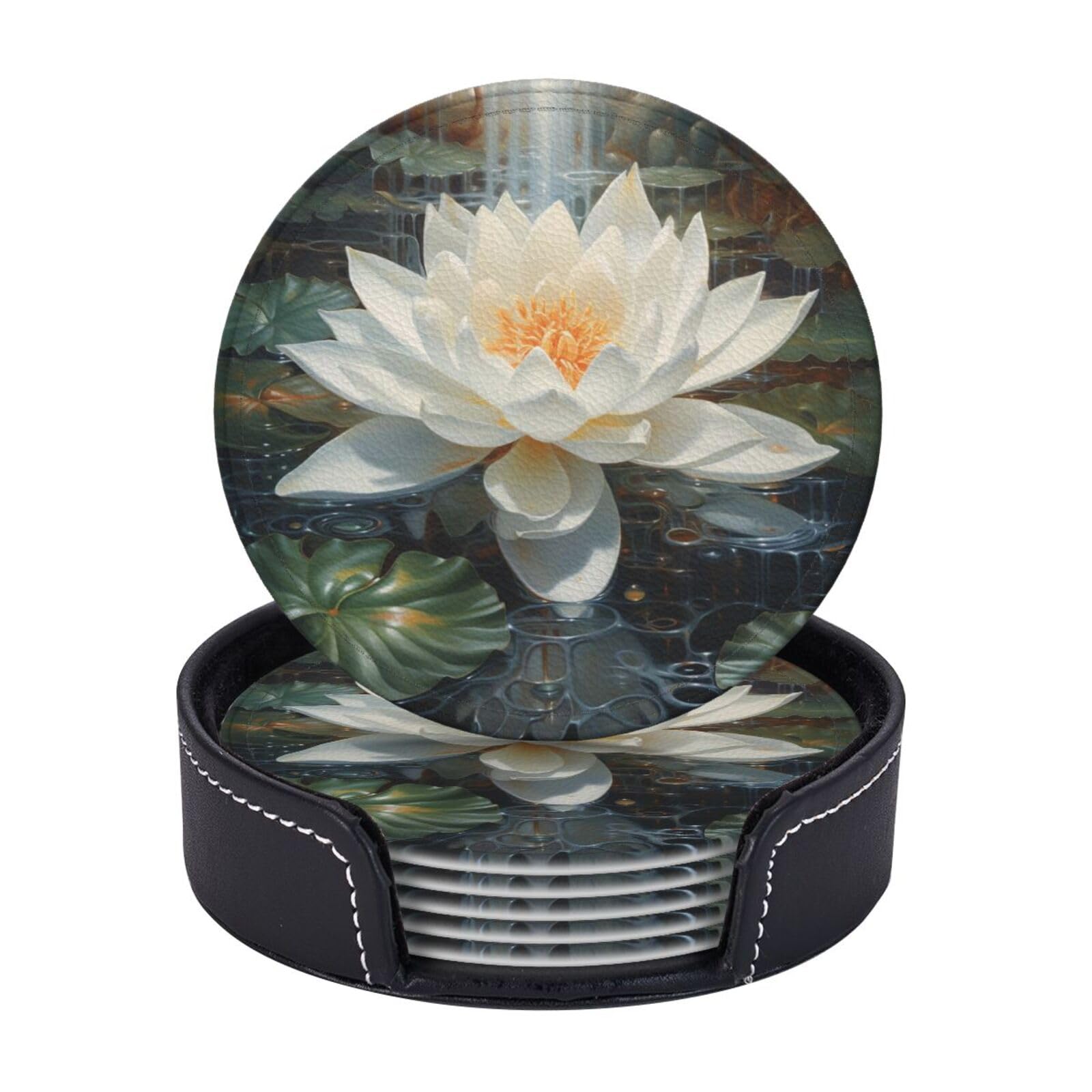 Coasters Set of 6 Leather Drink Coasters with Holder Lily Pond Coasters for Drinks Heat Resistant Coaster Round Coffee Cup Mat Pad for Kitchen Office Home Decor