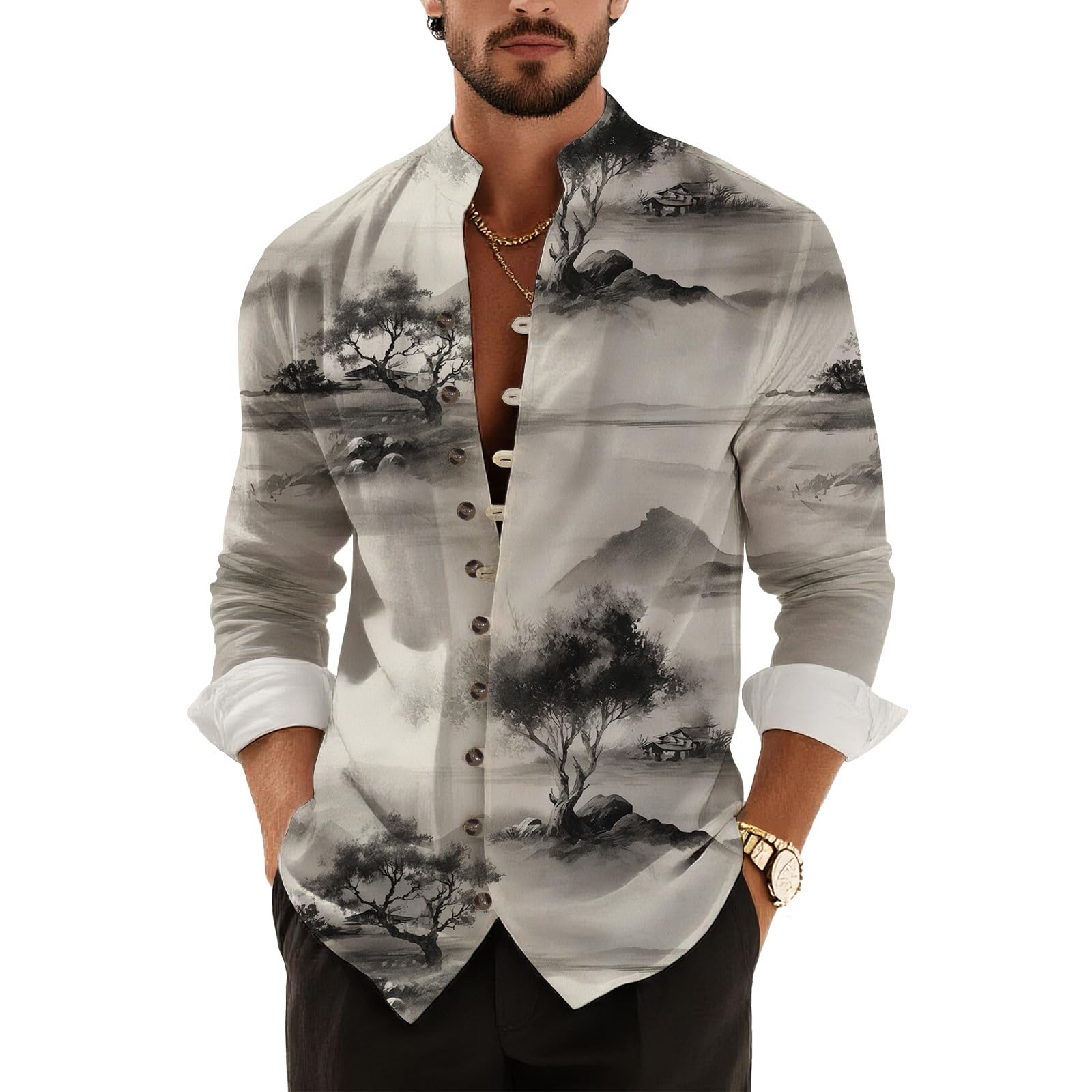 Mens Oversized Tops Trendy Graphic Button Up Loose Beach Long Sleeve Spring Fall Lightweight Outfits Henley Shirts