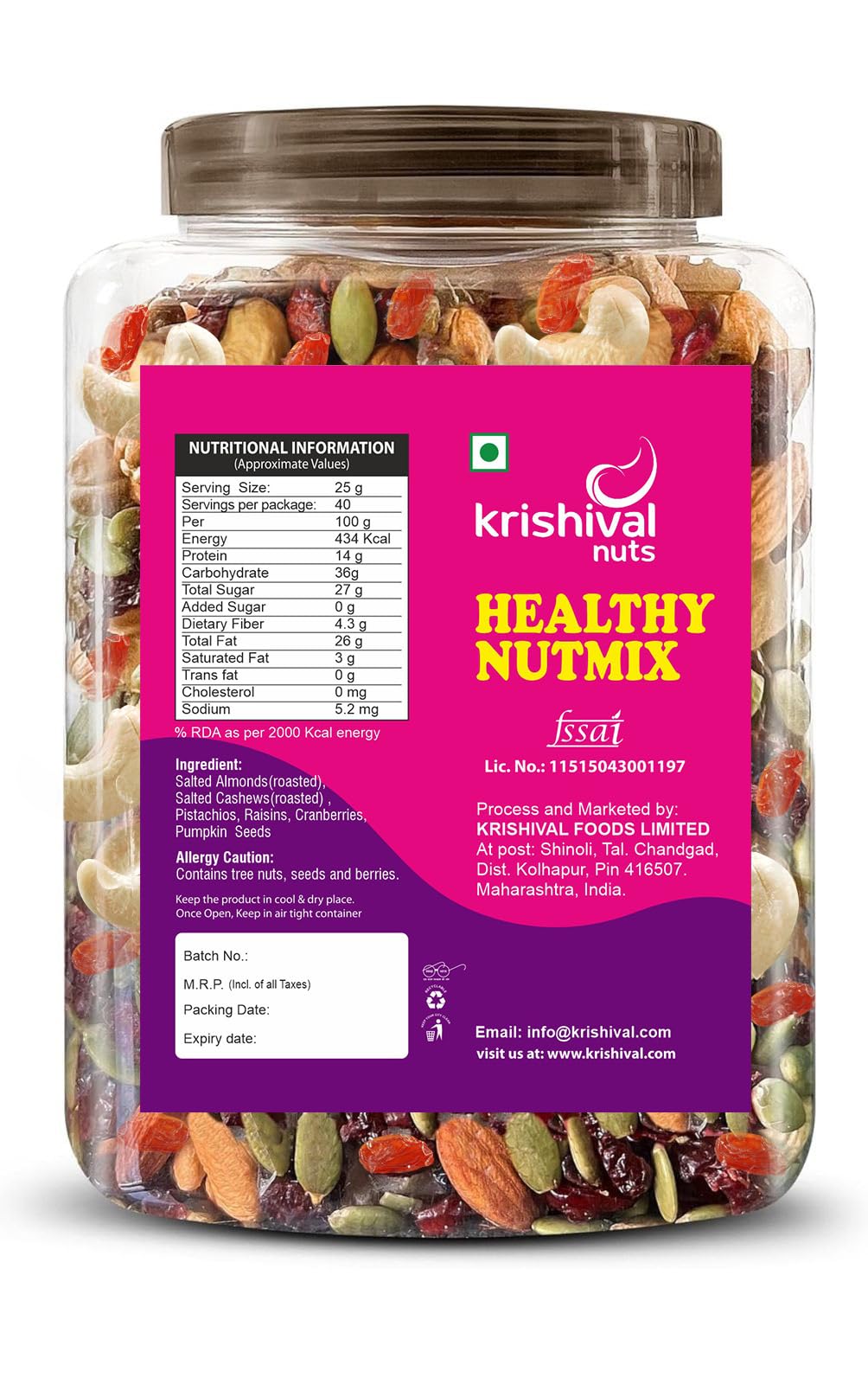 Krishival Nuts Healthy Nut Mix | Premium Trail Mix | Mixed Seeds with Dry Fruits | Almonds | Cashews | Pistachios | Pumpkin Seeds | Raisins | Cranberries, Reusable Jar (200 Grams, Jar) 1
