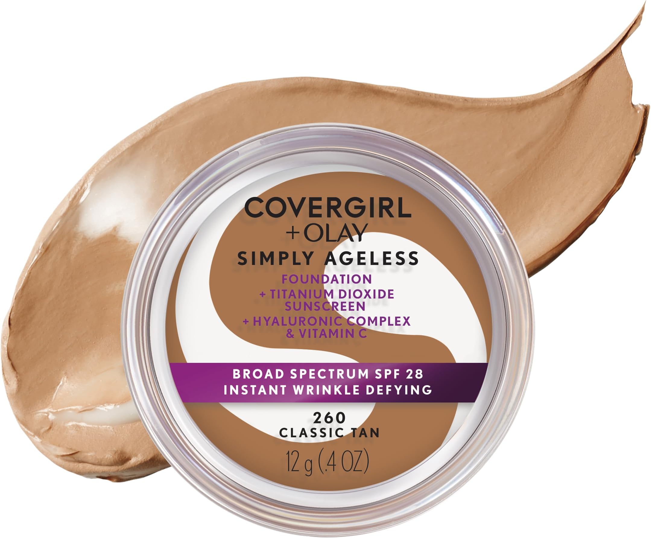 COVERGIRL Simply Ageless Instant Wrinkle Defying Foundation, SPF 28, Hyaluronic Complex & Vitamin C - 260 Classic Tan, Pack of 1