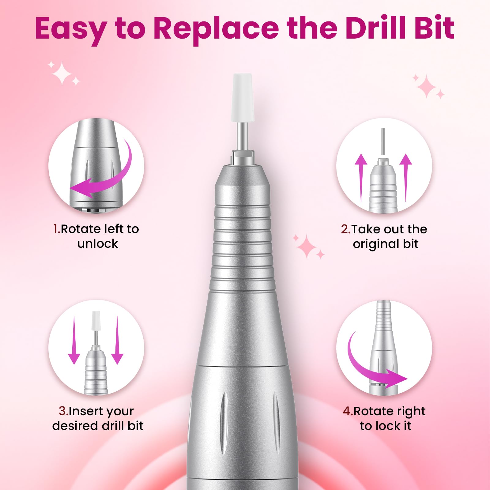 PKBD 45000RPM Professional Portable Nail Drill Machine for Gel Nails, Rechargeable Electric Nail Files Set with 11 bits and LCD Display, Pink