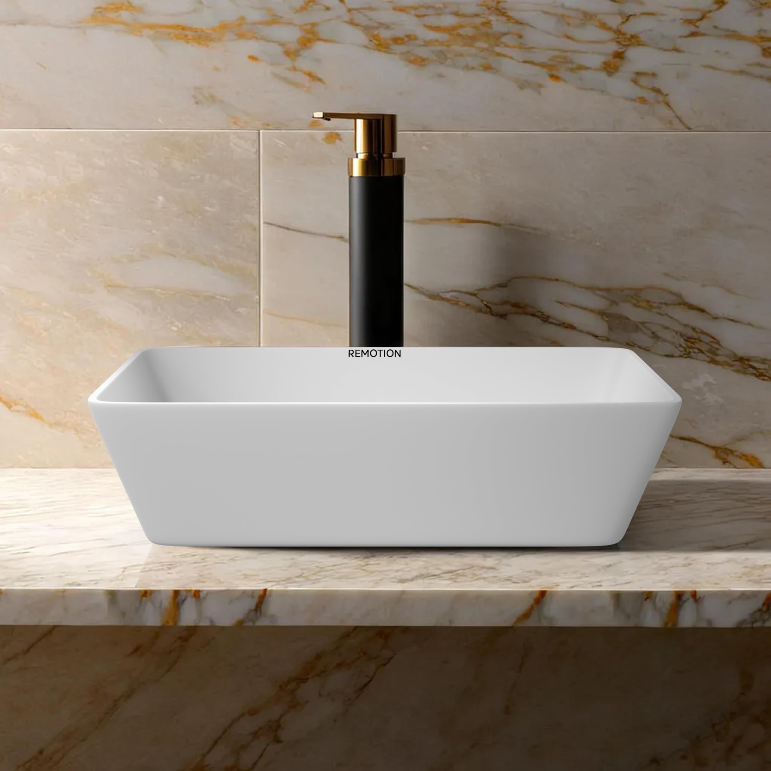 REMOTION Quartz Wash Basin Countertop | Tabletop Quartz Sink | Wash Basin Over Counter | Vessel Sink | Wash Basin for Bathroom (18 x 13 x 5.5 Inch) (White) 1