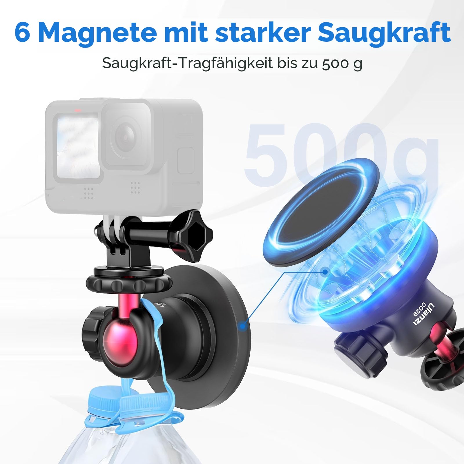 ULANZI Magnetkamerahalterung für GoPro, starker magnetischer Halter mit 360° drehbarem Kugelkopf und eingebauten 6 Magneten, kompatibel mit GoPro Hero 11/10/9/8/7/6, DJI OSMO Action, Insta360