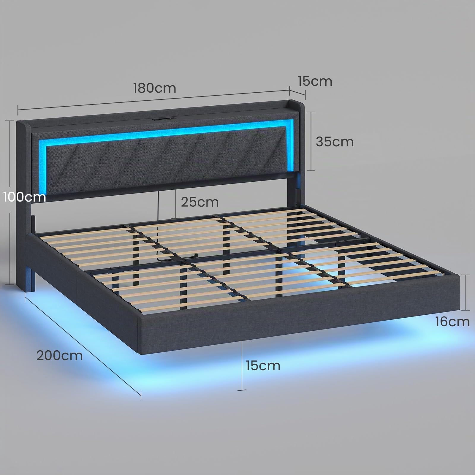 KIMENICH Polsterbett 180x200 cm,Schwebebett mit LED-Beleuchtung und Ladestation,Bett 180x200 mit Stauraum,Doppelbett mit Lattenrost,Bettgestell mit Kopfteil,Grau