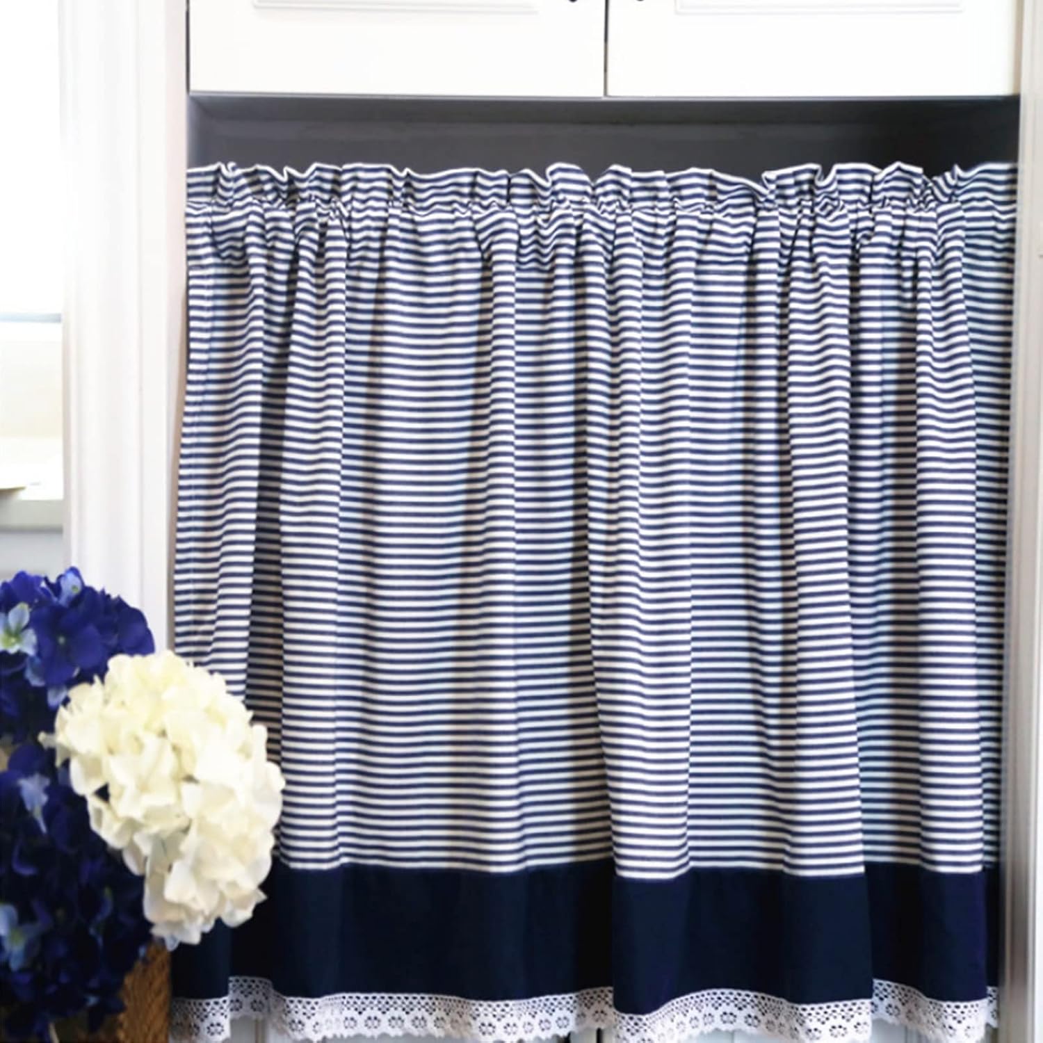 Kitchen Curtains Cotton Dark Blue Striped Tier Curtains, Small Window Curtains Valance Light Filtering, for Cafe/Cupboard/Bathroom/RV (Size : W130xH60cm/51x23.6in)