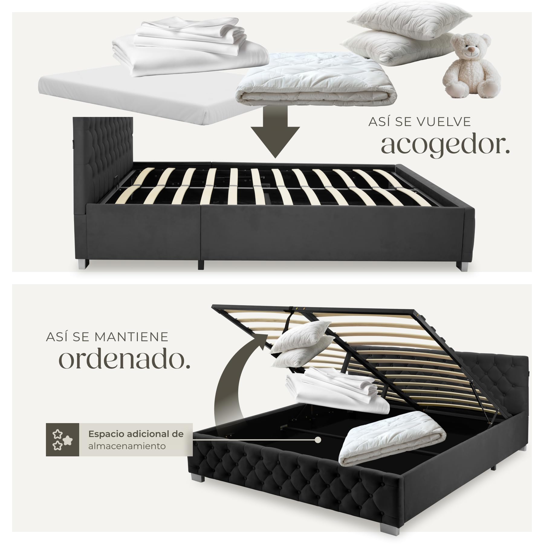 tectake® Cama Tapizada de Terciopelo con Leds, Canape Somier Abatible, Acero Estable, Cama Alta con 300 kg de Capacidad, Mando, Acolchado Chesterfield, Iluminación LED - 217 x 187,5 cm Negro