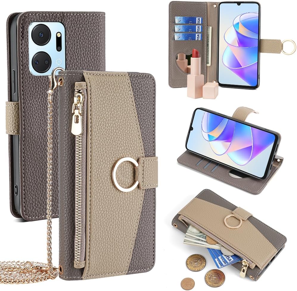 Wallet Case with Crossbody Strap Compatible for Motorola Edge 50 Fusion, Magnetic Handbag Zipper Pocket Cases PU Leather Flip Shockproof Cover with Kickstand Gray