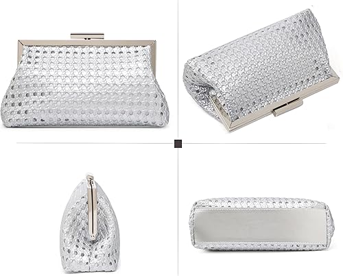 Miniatura 3 de Bolso de mano tejido para mujer con cadena desmontable, elegante bolso de noche para fiestas, bodas y cócteles Plateado