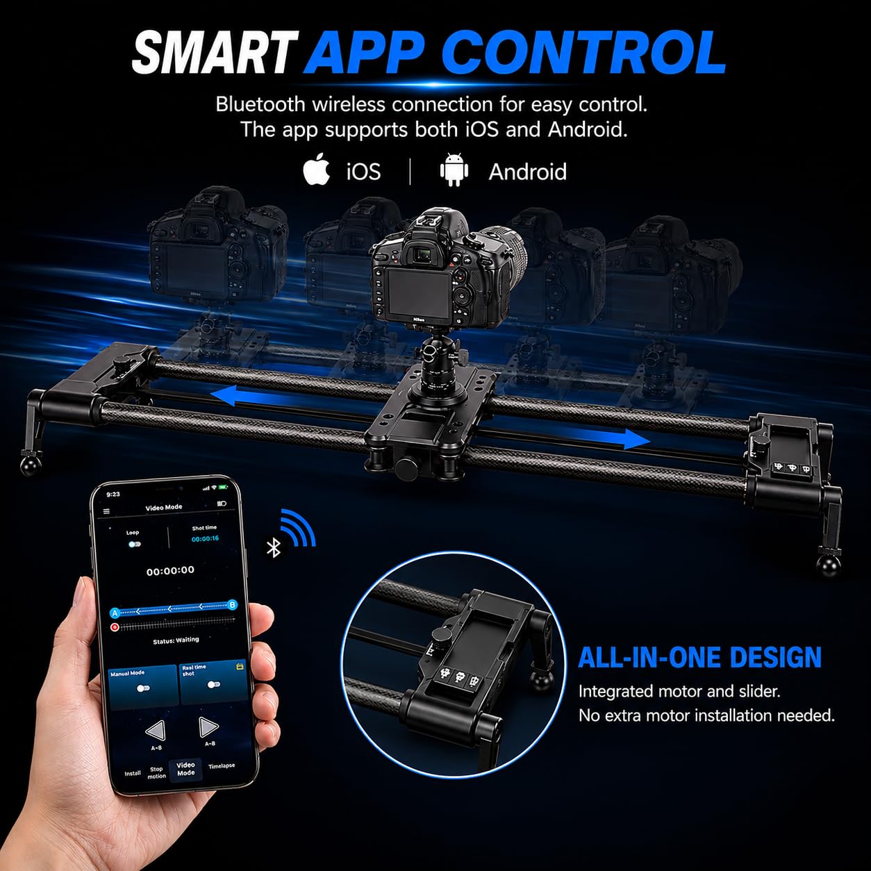 KONOVA G1 Slider Motorizzato per Fotocamera DSLR e Mirrorless, Controllo Bluetooth App, Binario in Fibra di Carbonio, Motion Control per Time Lapse, Stop Motion, Tracking e Panorama (100cm)