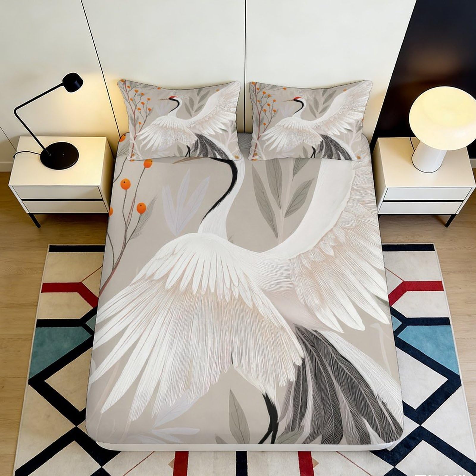 3D Printed Crane Pattern Fitted Sheet Microfiber Deep Pocket Full Wrap Bedroom Bedding Crane Mattress Fitted Cover Washable for Home 200x200x25cm