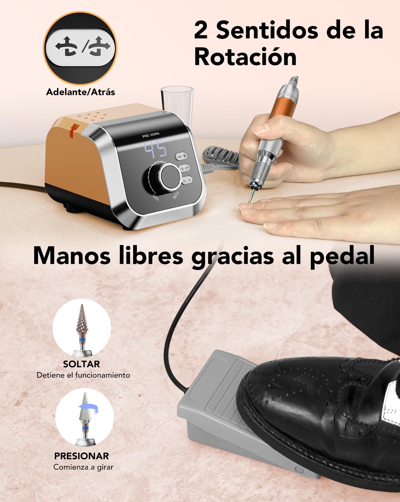 HOMEASY Torno para Uñas Profesional 45000 RPM 45 Velocidades con Pedal - Kit 11 Fresas Torno para Uñas +75 Bandas, <40dB Silencioso para Casa y Salón