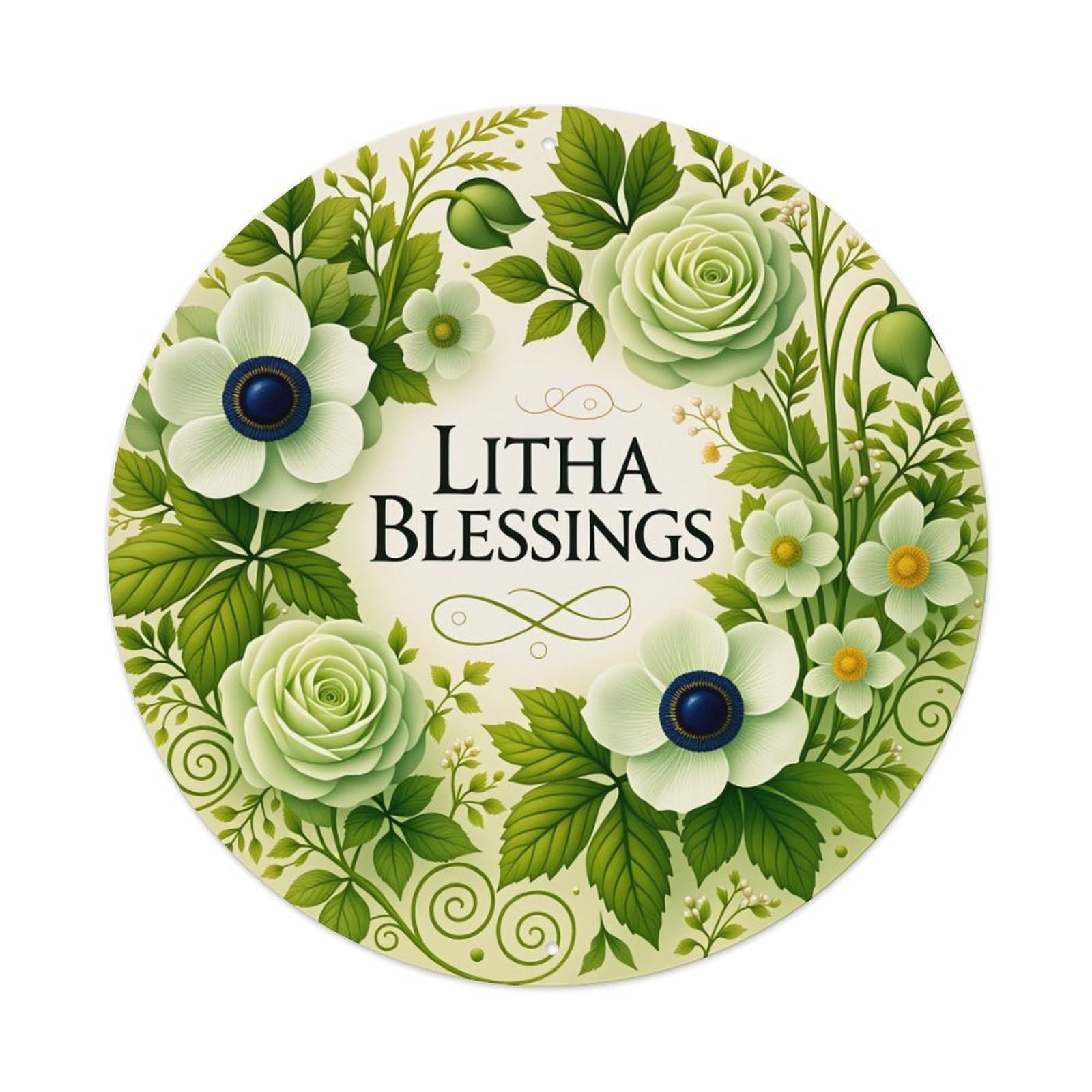 Floral Wreath Green Roses Leaves Round Tin Sign Vintage Style Metal Sign Home Bar Garden Wall Plaque Decor Metal Poster 8x8 Inch