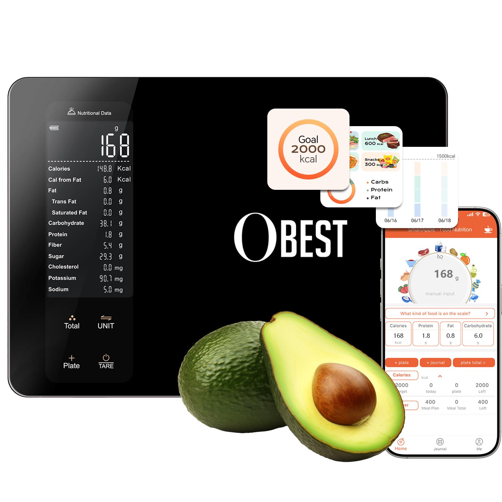 Imagen del producto: OBEST Báscula de Cocina Inteligente Bluetooth 10 kg / 1 g con Calculadora Nutricional y Seguimiento de 30 Nutrientes